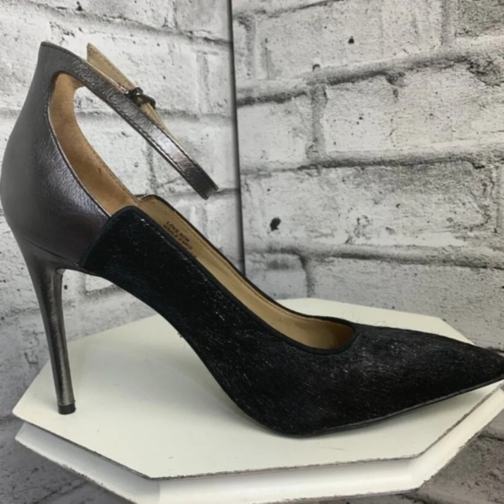 Kenneth Cole Black Mohair Ankle Strap Pointed Stiletto Heels EUC